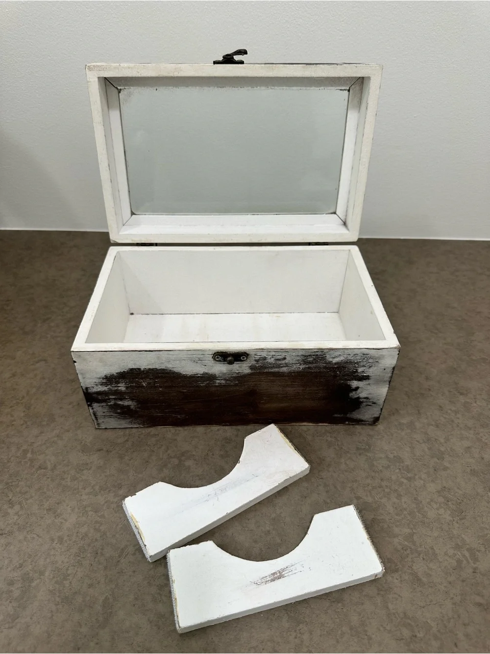 Tea Hot Cocoa Packet Organizer Box - Distressed White Wood Keepsake Glass Top